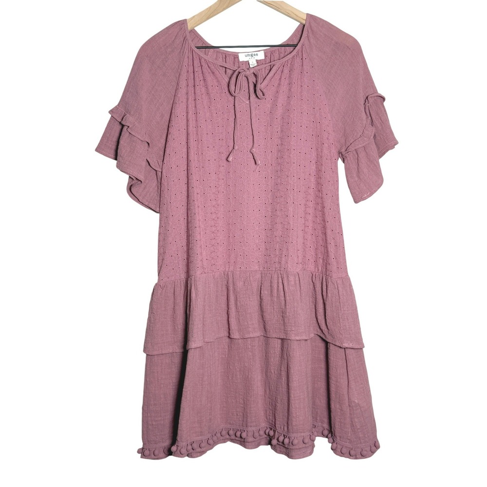 UMGEE Womens 100% Cotton Dress S Pink Eyelet Tiered Ruffle Tassel Pom Pom Mini‎